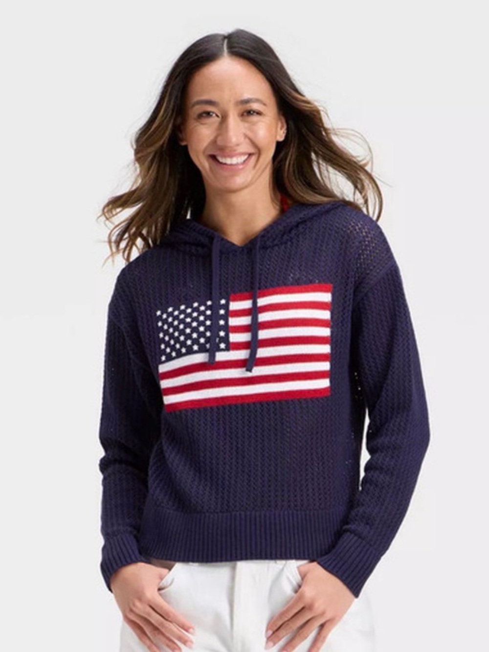 Universal Threads Navy Knit Hoodie with Red & White Flag Graphic